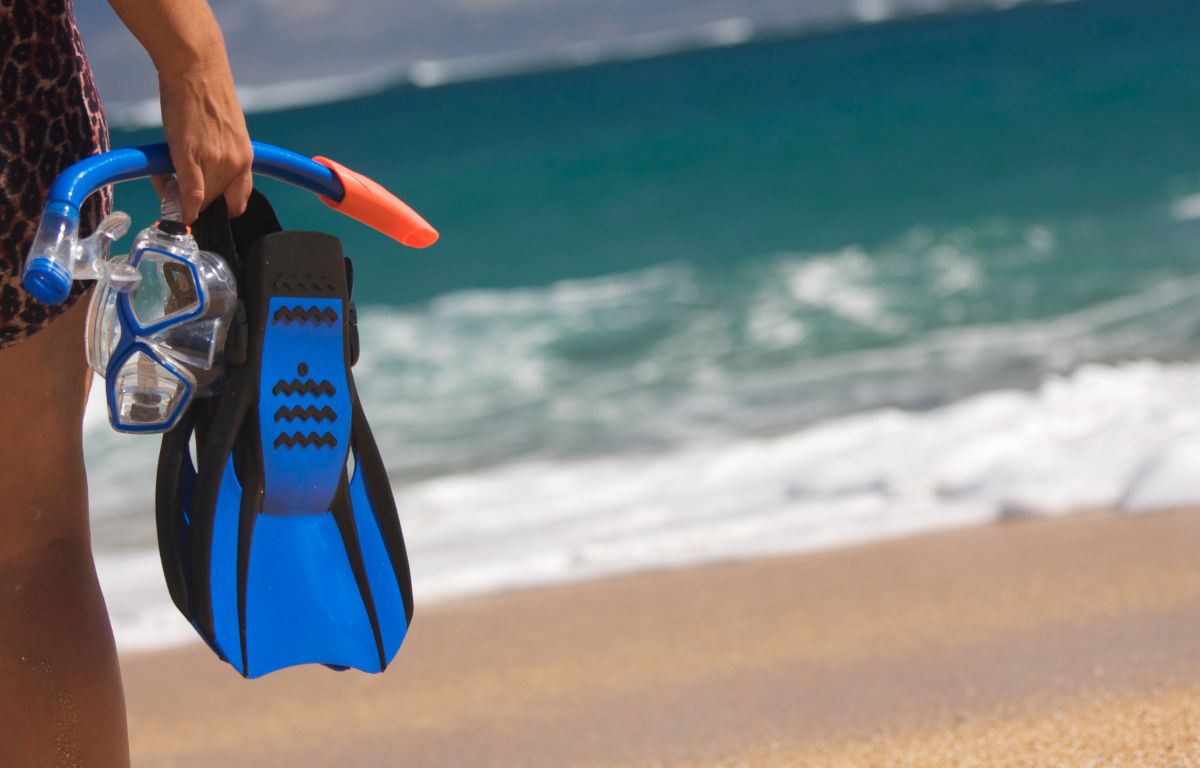 Tubo y  aletas para snorkel con la Vista de Playa los Guíos en los acantilados los gigantes en Santiago del Teide, Tenerife.